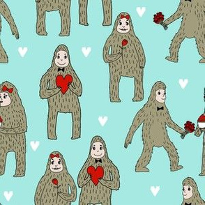 bigfoot valentines day pattern fabric - cute valentines fabric, funny valentines fabric, andrea lauren design - mint