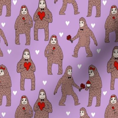 bigfoot valentines day pattern fabric - cute valentines fabric, funny valentines fabric, andrea lauren design -  purple
