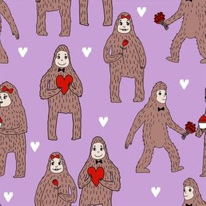 bigfoot valentines day pattern fabric - cute valentines fabric, funny valentines fabric, andrea lauren design -  purple