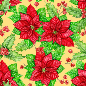 Poinsettia and holly berry watercolor Christmas pattern