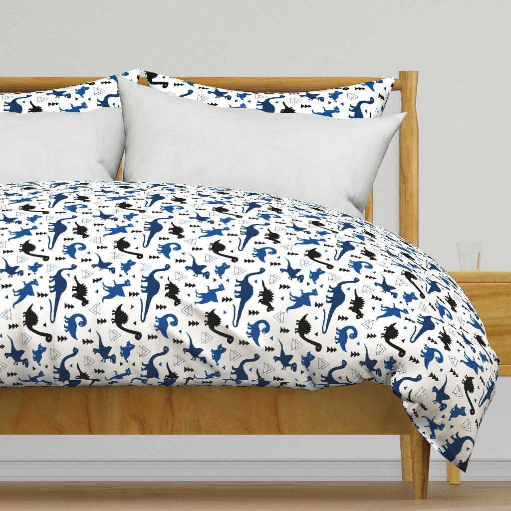 Adorable dino dinosaur fantasy geometric triangles and funky animal illustration theme for kids cobalt blue navy black boys rotated