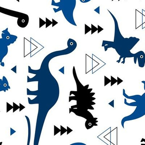 Adorable dino dinosaur fantasy geometric triangles and funky animal illustration theme for kids cobalt blue navy black boys rotated