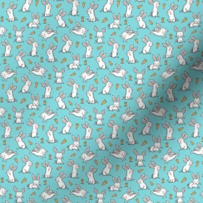 Bunnies Rabbits & Carrots On Light Blue Tiny Small 0,75 inch