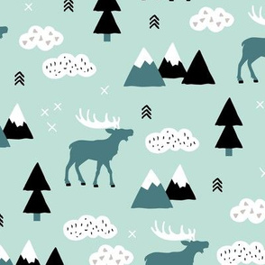 Winter wonderland reindeer adventure clouds and mountains moose design mint green boys