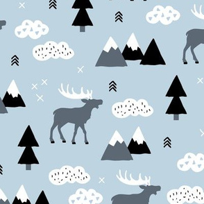 Winter wonderland reindeer adventure clouds and mountains moose design cold blue boys