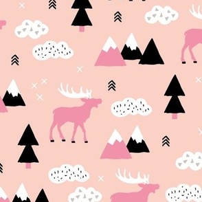 Winter wonderland reindeer adventure clouds and mountains moose design soft peach pink girls