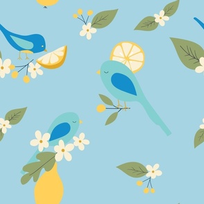 Spring Birds || Blue Birds and Fruit on Blue ||Orchard Birds Collection by Sarah Price 