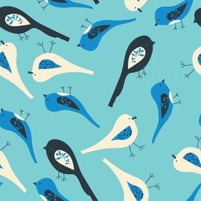 Modern Birds || Blue and White Birds on Blue ||Orchard Birds Collection by Sarah Price 