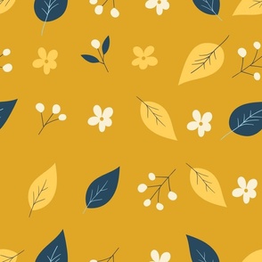 Leaves and Berries || Berries and Leaves on  Mustard Yellow  by Sarah Price 