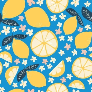 Lemon Blossom | Yellow lemons on Blue | Bright and Playful Fruit Design