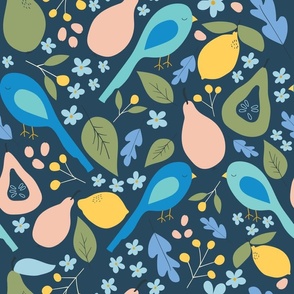 Birds and Fruit || Blue Birds with Pink Pears and Yellow Lemons on Navy Blue || Orchard Birds Collection by Sarah Price .