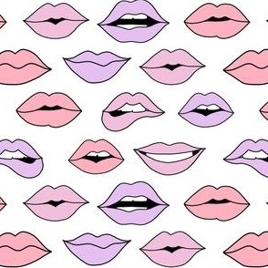 lips pattern fabric - beauty and makeup fabric, girls valentines day fabric, kiss lips fabric -  white and pastel