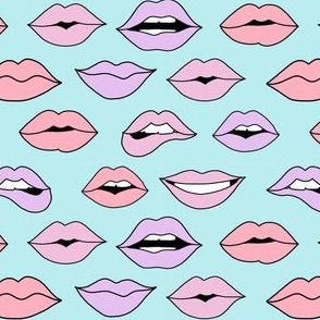 lips pattern fabric - beauty and makeup fabric, girls valentines day fabric, kiss lips fabric -  light blue