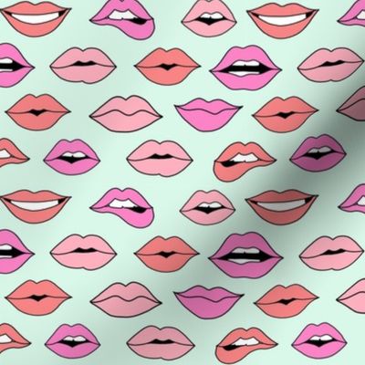 lips pattern fabric - beauty and makeup fabric, girls valentines day fabric, kiss lips fabric - pastel mint