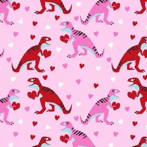 dinosaur valentines day pattern fabric - cute dino valentines, dinosaur valentines day, pink and red dinos, cute dinosaurs - pastel pink