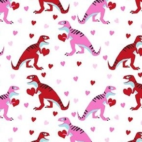 dinosaur valentines day pattern fabric - cute dino valentines, dinosaur valentines day, pink and red dinos, cute dinosaurs - white and pink