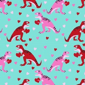 dinosaur valentines day pattern fabric - cute dino valentines, dinosaur valentines day, pink and red dinos, cute dinosaurs - candy mint