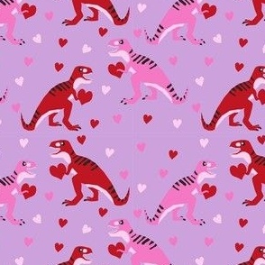 dinosaur valentines day pattern fabric - cute dino valentines, dinosaur valentines day, pink and red dinos, cute dinosaurs - purple