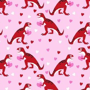 dinosaur valentines day pattern fabric - cute dino valentines, dinosaur valentines day, pink and red dinos, cute dinosaurs - pink and red