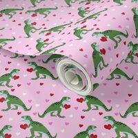 dinosaur valentines day pattern fabric - cute dino valentines, dinosaur valentines day, pink and red dinos, cute dinosaurs - pink and green