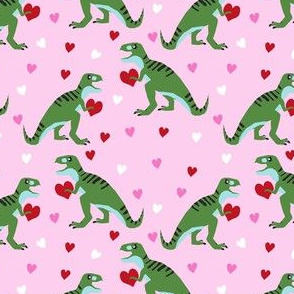 dinosaur valentines day pattern fabric - cute dino valentines, dinosaur valentines day, pink and red dinos, cute dinosaurs - pink and green