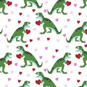 dinosaur valentines day pattern fabric - cute dino valentines, dinosaur valentines day,, pink and red dinos, cute dinosaurs - white