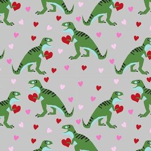 dinosaur valentines day pattern fabric - cute dino valentines, dinosaur valentines day,, pink and red dinos, cute dinosaurs - grey