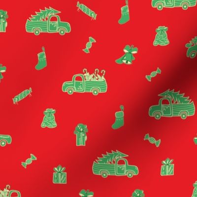 Red Christmas Print with Green Trucks and Holidays Decor