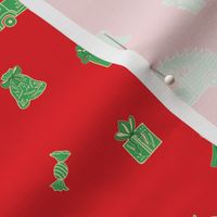 Red Christmas Print with Green Trucks and Holidays Decor