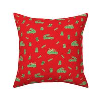 Red Christmas Print with Green Trucks and Holidays Decor