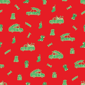 Red Christmas Print with Green Trucks and Holidays Decor