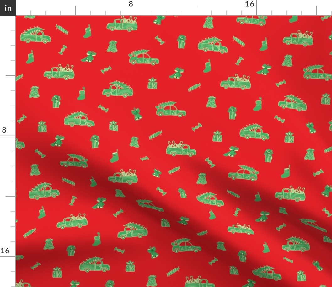 Red Christmas Print with Green Trucks and Holidays Decor