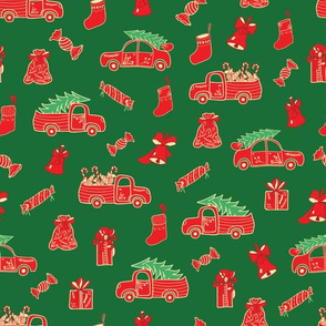 Green Christmas Print with Red Trucks and Holidays Decor