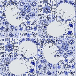 Grey Cats, Spanish Tile-Blue