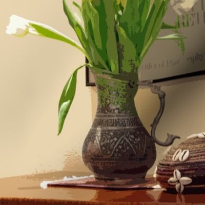 Still LIfe with Tulips in Afghani Metal Pitcher and Djibouti Straw Basket with Cowrie Shells