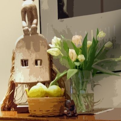 Still Life with Dogan White Monkey Mask, Tulips in Munich Beer Stein, lemons in wooden basket, and Black Clay Lion of Ethiopia