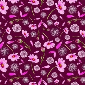 Cosmos Flowers and Roses on Maroon Background-Flowers in Bloom,  repeat pattern.