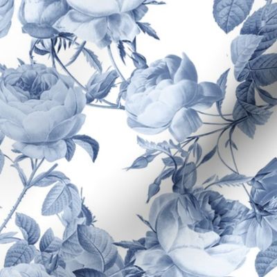 Nostalgic Enchanting Blue on White Pierre-Joseph Redouté Roses, Antique Flowers Bouquets, vintage home decor,  English Roses chinoiserie fabric