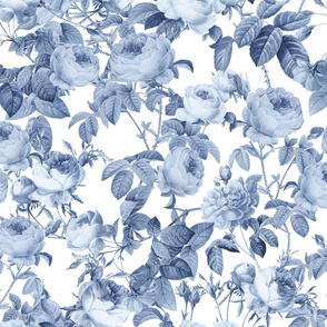 Nostalgic Enchanting Blue on White Pierre-Joseph Redouté Roses, Antique Flowers Bouquets, vintage home decor,  English Roses chinoiserie fabric