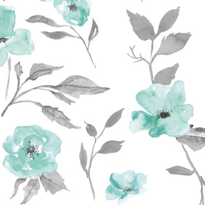 27” poppy  watercolor floral - mint and grey 