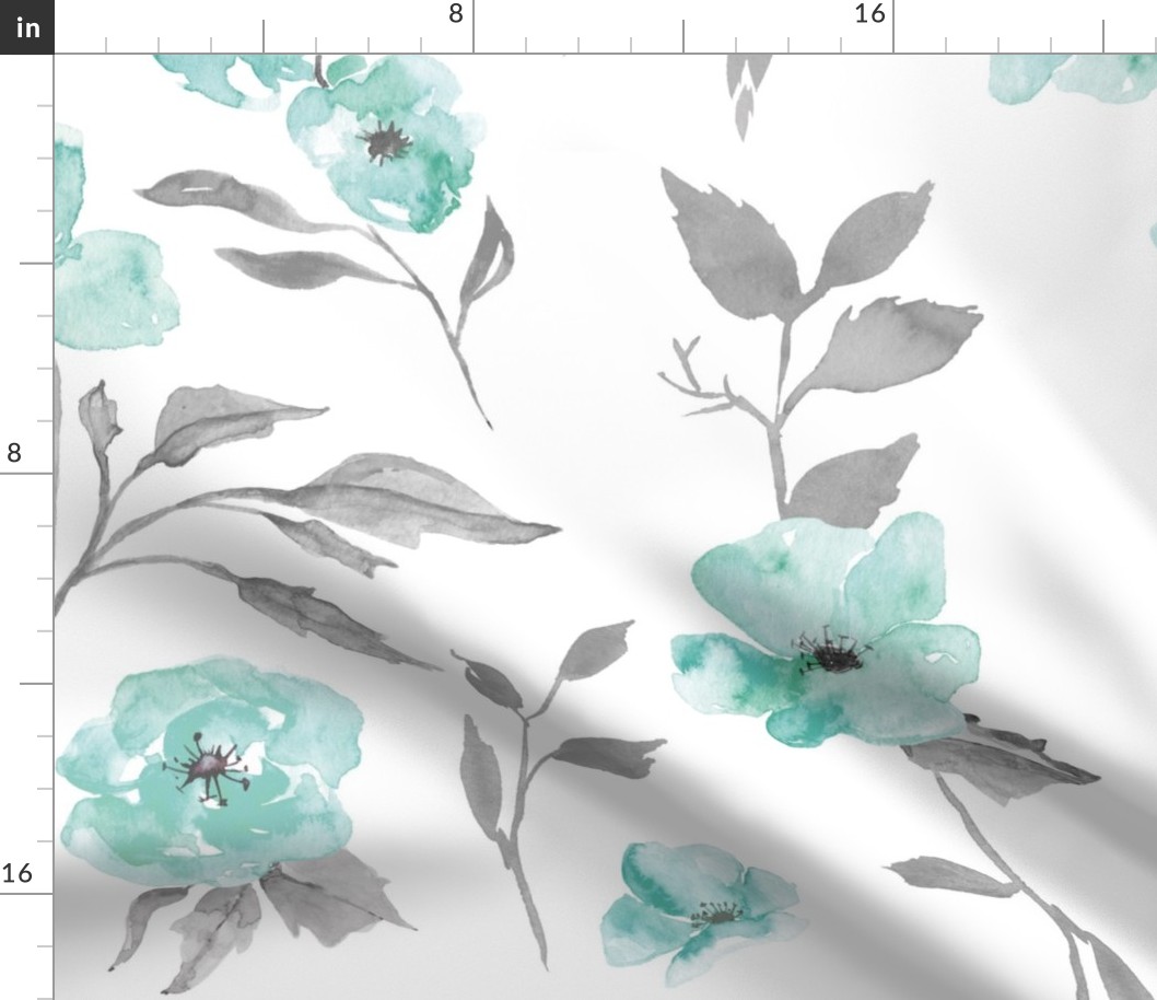 27” poppy  watercolor floral - mint and grey 