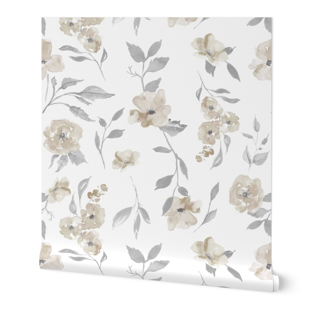 27” poppy watercolor floral - cream, Taupe and grey