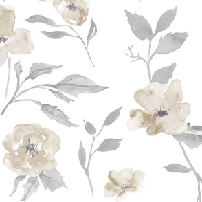 27” poppy watercolor floral - cream, Taupe and grey
