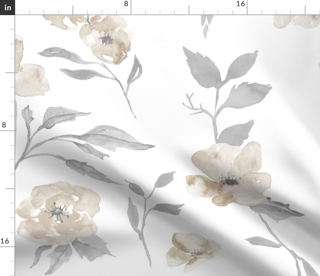 27” poppy watercolor floral - cream, Taupe and grey