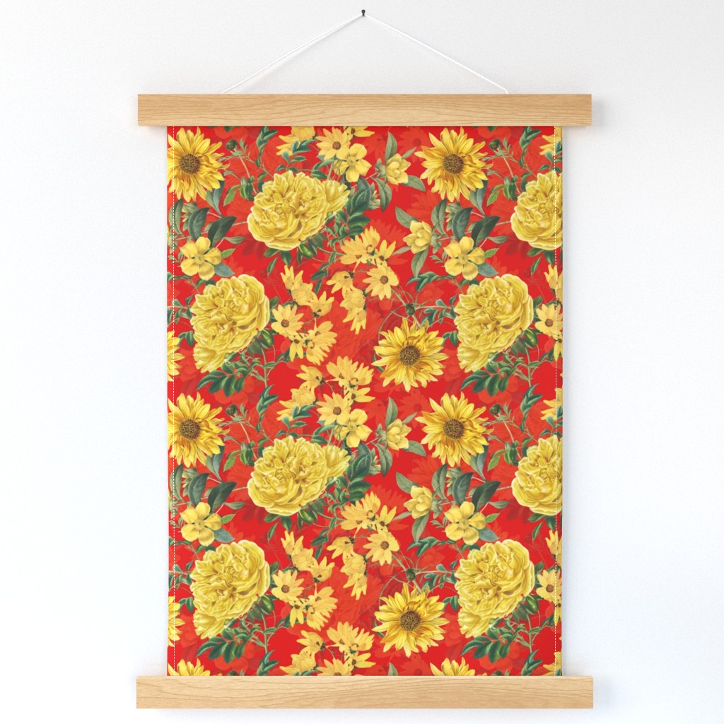 10" Yellow Roses and Sunflowers  on red