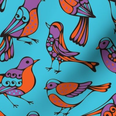Birds Orange and Purple on Turquoise 