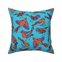 Birds Orange and Purple on Turquoise 