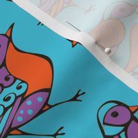 Birds Orange and Purple on Turquoise 