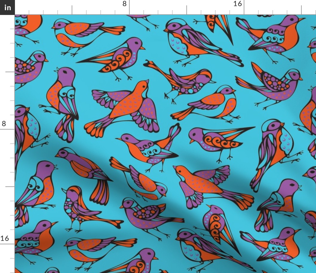 Birds Orange and Purple on Turquoise 