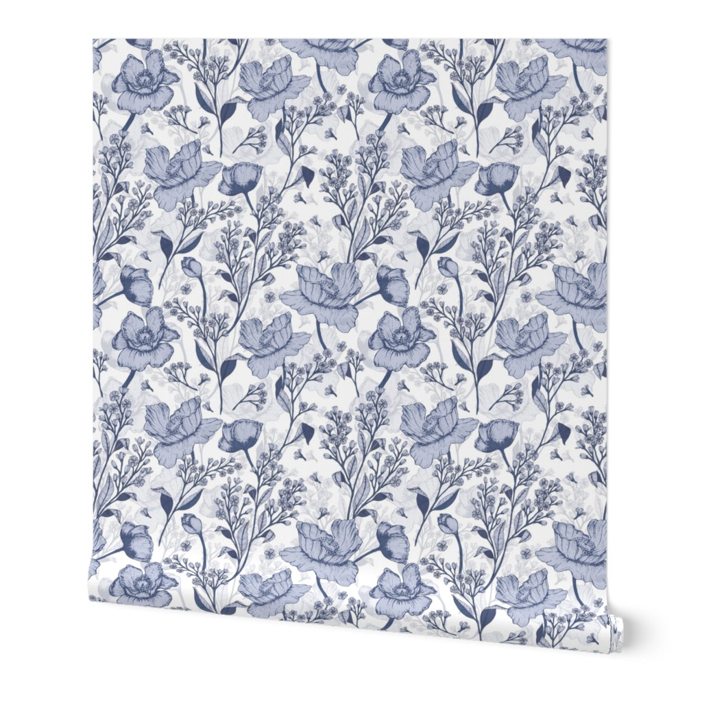 18" Sweet summer blue vintage roses, roses fabric, english blue country, blue and white fabric